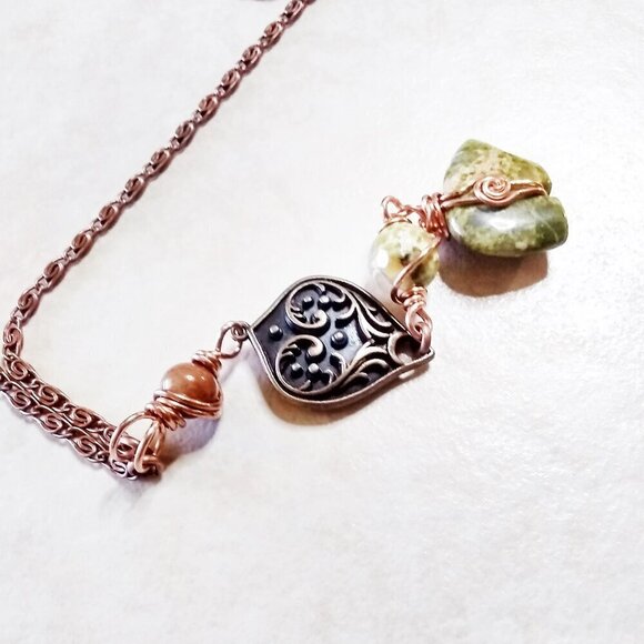 Unique Unakite Jasper Bear "Y" + Copper Necklace! 4 Wire Wrapped Beaded Sections - Picture 8 of 14